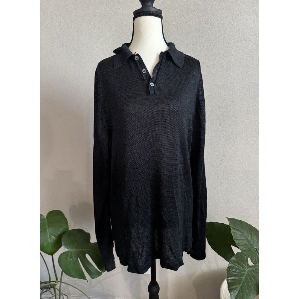 Vintage Prestige Linea Noeva 100% Silk Knit Polo Sweater Black XL Old Money